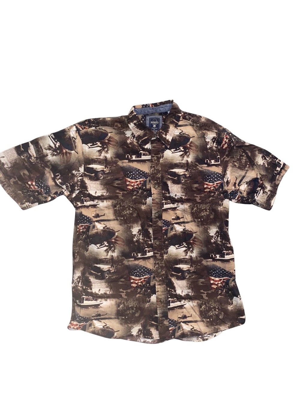 RedHead Mens L Military Helicopter Jeep American Flag Camo Shirt 100% Cotton